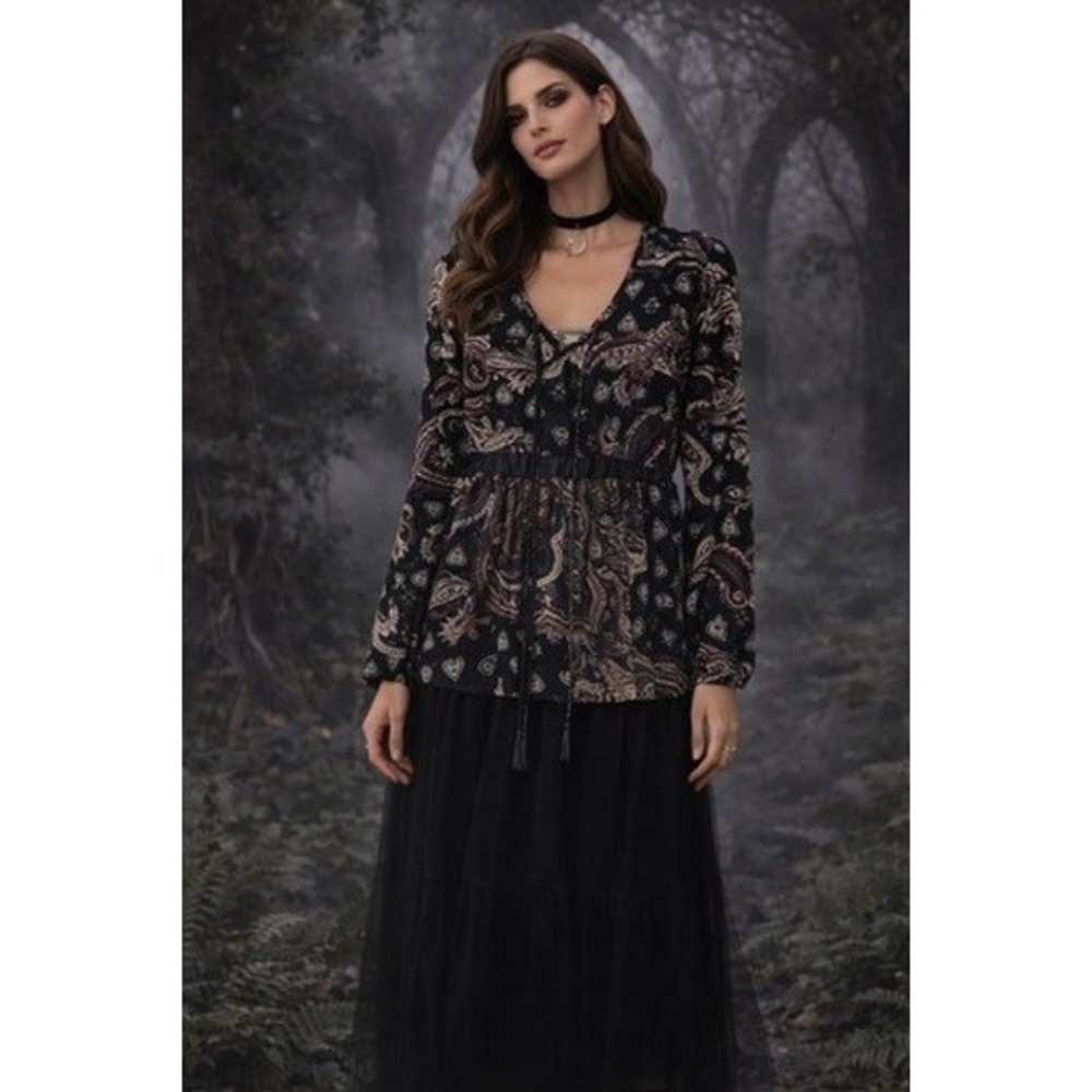 Biaggini Womens Paisley Peplum Tunic Top Black Purple Boho Whimsigoth Large‎